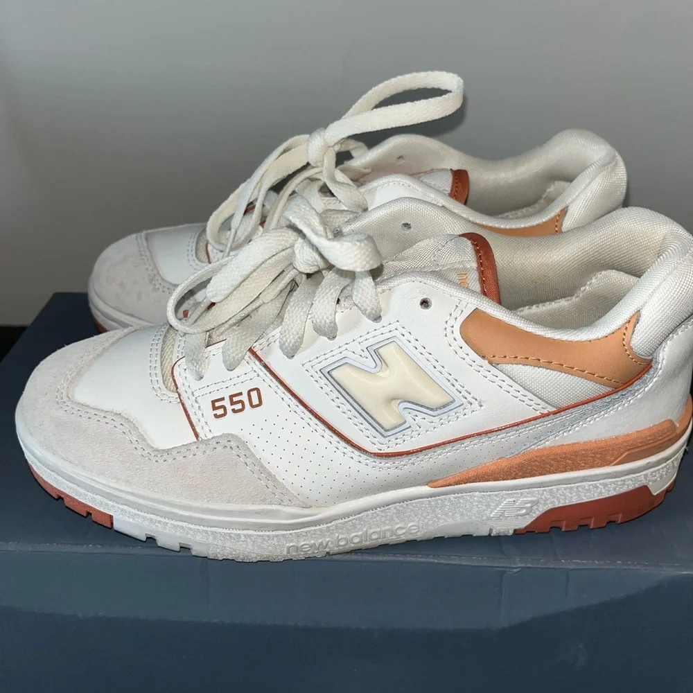 New Balance 550 White and Orange Sneakers - Picture 1 of 6